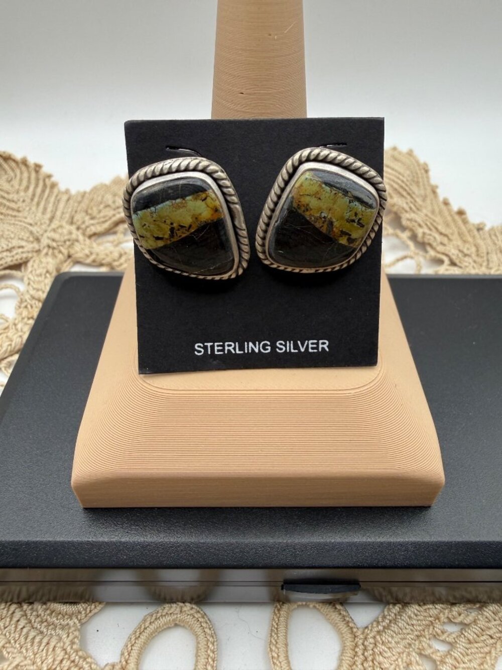 Artisan Black Jack turquoise Sterling Silver Statement Earrings Rustic Boho Chic